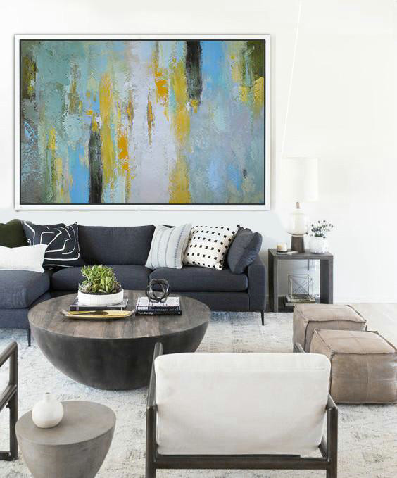 Large Modern Abstract Painting,Oversized Horizontal Contemporary Art,Textured Painting Canvas Art,White,Yellow,Purple Grey,Black,Lake Blue.etc